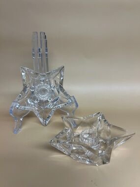 Hazel Atlas Vintage Clear Pressed Glass Star Candle Holders- Set of 2